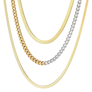 Three-layer stainless steel necklace set with gold snake chains and bicolor Cuban link