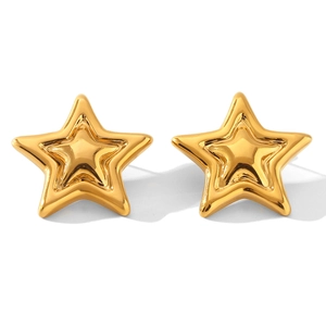 Polished 18K gold plated stainless steel 3D star stud earrings on a clean white background