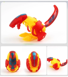 Macro view of red and yellow dinosaur egg toy transforming into a robot monster figure