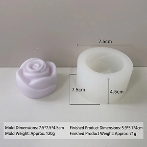 Detailed view of rose flower silicone mold with finished candle product and dimensions