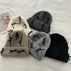 Beanie Hat Wool Knit Warm Winter Autumn Velvet Bows Decoration Sweet Cute Style For Women Girls
