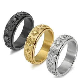 Stainless Steel Spinner Ring Rotatable Sun Moon Star Band Stress Relief Celestial Bohemian Jewelry For Men Women