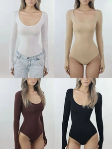 Women's Sexy Slim Fit U-Neck Long Sleeve Bodysuit Ribbed Knit Skin-Friendly Viscose Leotard Basic Solid Color One-Piece Top