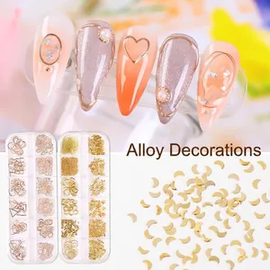 12-grid nail art alloy stud kit with gold stars and moons in storage boxes