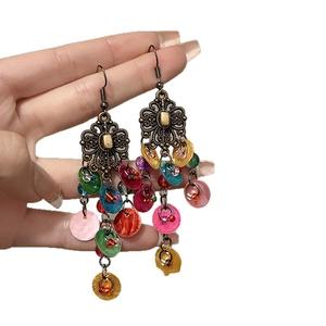 Bohemian vintage long tassel earrings with colorful sequins and retro copper metal plates