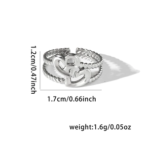 Spécifications de taille pour bague ajustable double cœur argentée, hauteur de 1,2 cm