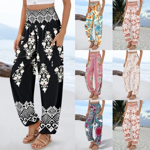 Bohemian High Waisted Harem Pants For Women Polyester Floral Mandala Print Casual Beach Yoga Trousers With Pockets