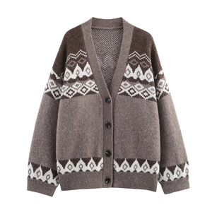 Vintage Geometric Jacquard Knitted Cardigan Sweater V Neck Button Down Long Sleeve Soft Retro Streetwear For Women