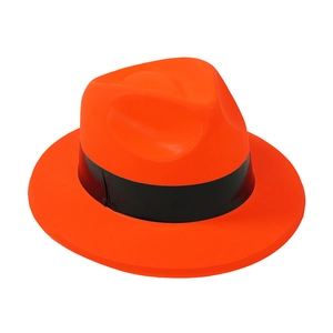 Neon orange plastic fedora party hat with black ribbon trim for festive occasions