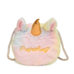 Rainbow plush unicorn crossbody bag with golden horn and soft faux fur for women