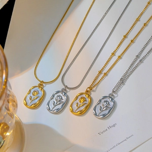 Tulip Flower Relief Pendant Necklace French Vintage Minimalist Titanium Steel Enamel Oval Jewelry Snake Chain For Women