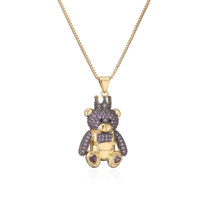 18K gold plated necklace featuring a crown bear pendant set with purple and black stones