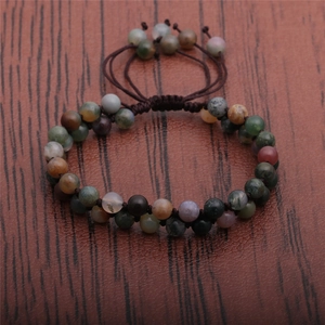 6mm Indian Agate and Rose Quartz double-layer woven beaded bracelet with adjustable cord