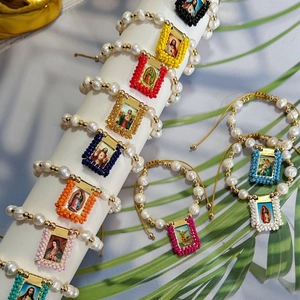 Handmade natural pearl bracelets with vintage religious icons and colorful beads