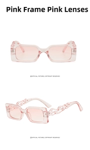 Detail of pink transparent rectangular sunglasses with unique hollow chain-link temples