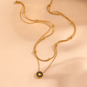 Collier double rang en acier inoxydable doré 18K avec chaîne serpent et pendentif coeur
