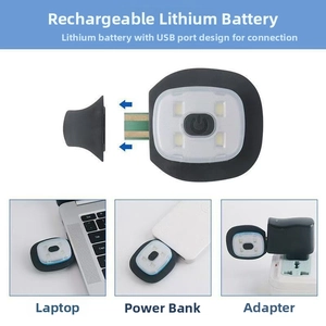 Detail showing the integrated USB charging plug of the LED beanie light on various devices