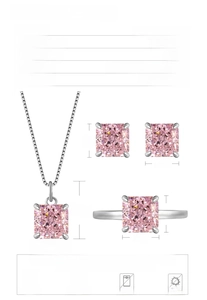 Detailed size specifications for S925 silver set with pink square high carbon diamonds