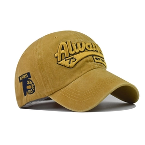 Detail of 3D embroidery on mustard yellow washed cotton baseball cap with retro texture