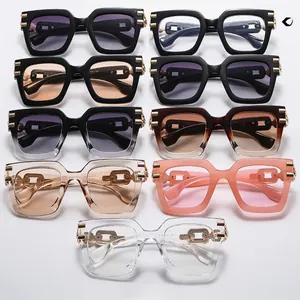 Detailed collection of square sunglasses with gold chain temples in multiple colors