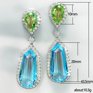 Blue zircon teardrop bridal earrings with micro-pave crystals and detailed measurements