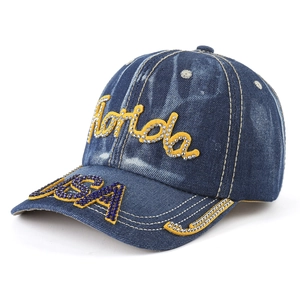 Vintage dark blue washed denim baseball cap with Florida USA rhinestone lettering