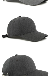 Detail view of charcoal gray baseball cap showing textured fabric and metal buckle