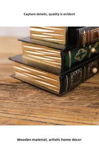 Detail view of European vintage book-shaped wooden jewelry storage box with gold patterns