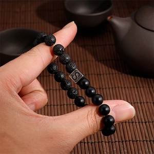 Lava stone and black agate beaded bracelet with vintage letter S metal bead charm