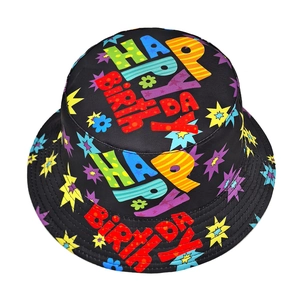 Unisex black Happy Birthday bucket hat with colorful stars and flowers outdoor sun hat