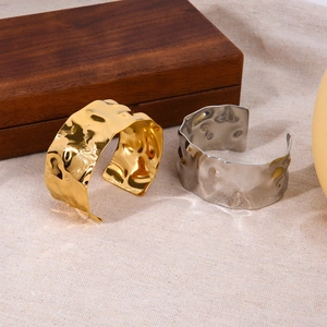 Hammered texture 18K gold and silver wide open bangles in minimalist stainless steel