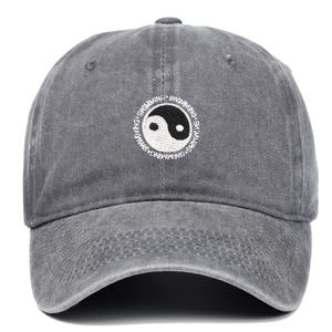 Washed dark grey cotton baseball cap featuring Tai Chi Yin Yang embroidery and swimming text