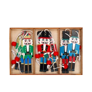 Nutcracker wooden Christmas ornaments set in wood box with red beads and white ropes