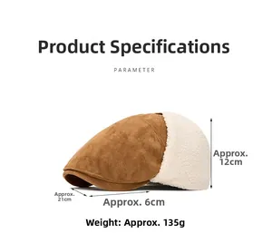 Detail view of winter suede newsboy hat showing dimensions 12cm height and 6cm brim