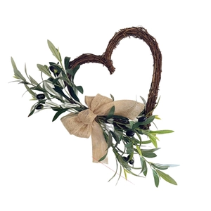 Heart-shaped olive branch wreath with rustic burlap bow for front door home decoration