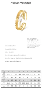 Detailed size chart for S925 silver lace ring with 18k gold plating parameters