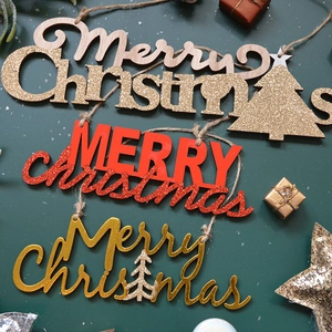 Wooden Merry Christmas Letter Sign Glitter Hanging Plaque Christmas Tree Decor Home Party Festive Ornament