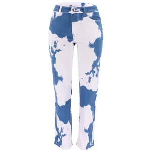 Women's slim-fit long denim trousers with blue and white cloud tie-dye pattern on white