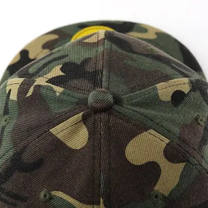 Close-up of camouflage baseball cap crown showing stitching, eyelets, and fabric texture