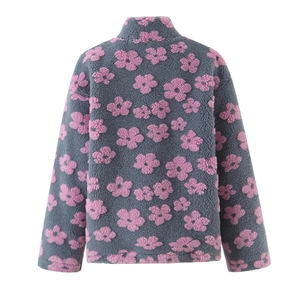 Deep grey fleece pullover jacket featuring pink flower patterns and a cozy stand collar