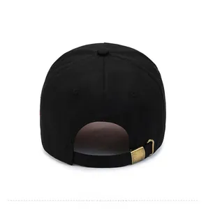Detail view of cotton baseball cap back with adjustable antique bronze metal buckle