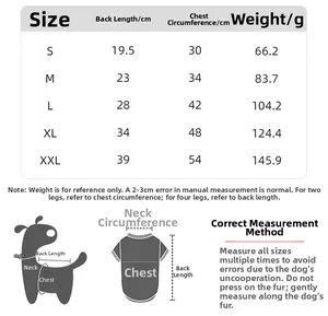 Detailed size chart for dog hoodie sweatshirt showing back length and chest measurements