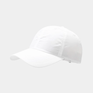 Detail of breathable quick-dry white polyester fabric on this outdoor sports baseball cap