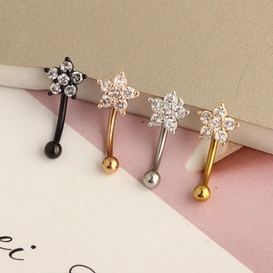 Curved stainless steel barbell piercing with sparkling cubic zirconia star in four colors