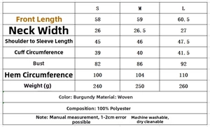 Detailed size chart for the loose casual crewneck top with specific measurements