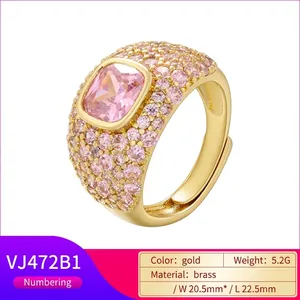 Luxurious gold-plated brass ring with micro-pave pink cubic zirconia and a square center gem