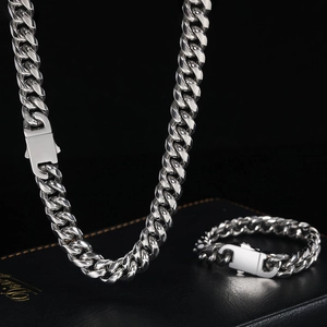 Polished silver stainless steel Cuban chain set with matching necklace and bracelet