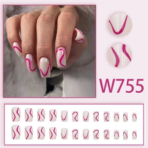 Minimalist white press-on nails with pink wavy lines in medium-long square-oval shape