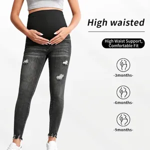Slim fit maternity ripped grey jeans with high elastic belly support band for pregnancy