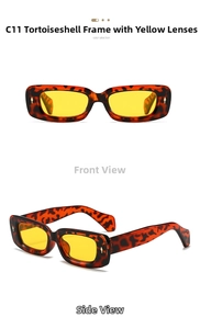 Detail view of tortoiseshell square sunglasses with yellow lenses and rivet accents